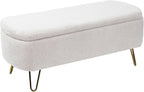 Ottoman with Storage, Small Boucle Storage Ottoman Bench,Upholstered Entryway End of Bed Bench with Cushion and Gold Legs for Bedroom Living Room, Ivory