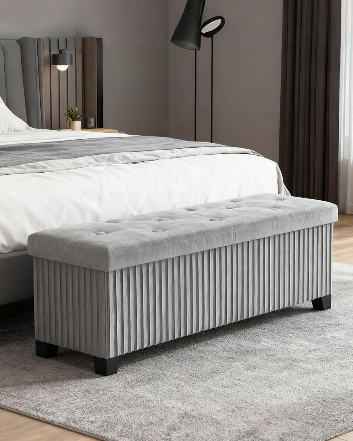 LITZFUR 43 Inches Storage Ottoman Bench, Velvet Foot Rest Stool, Grey | Folding Ottoman with Legs, End of Bed Bench, Storage Chest for Living Room, Bedroom