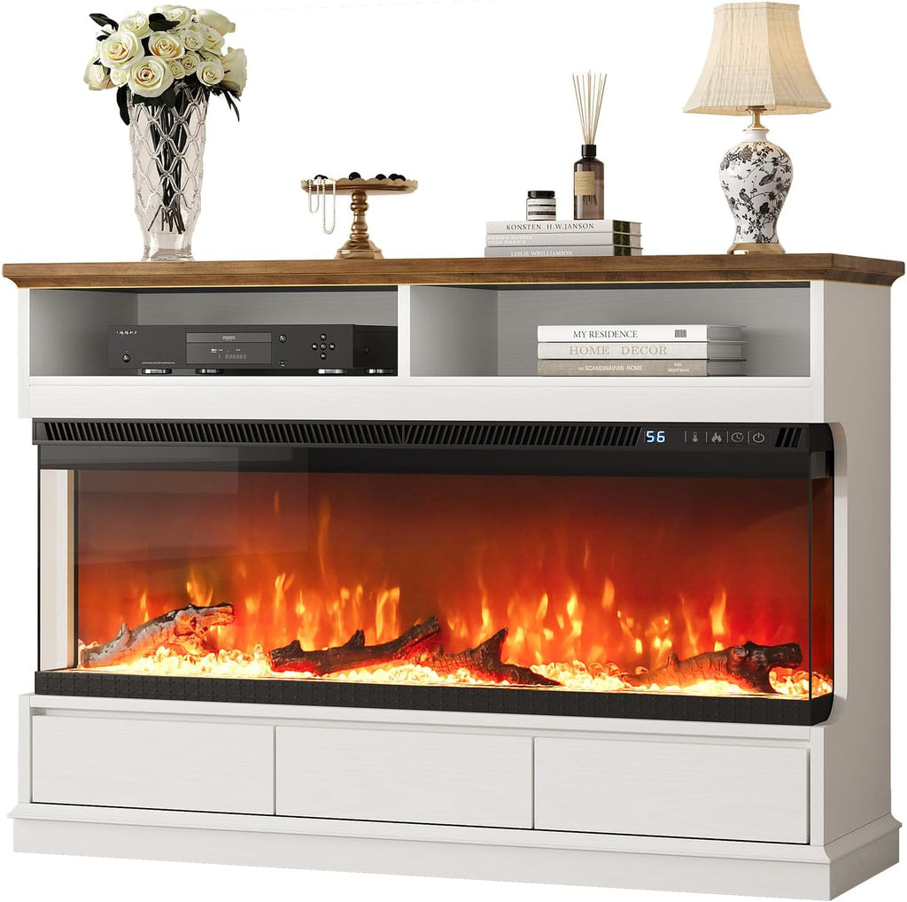 4 EVER WINNER Fireplace TV Stand with 50" Electric Fireplace, Fireplace Entertainment Center with 3-Side Glass Insert, 3 Drawers, TV Stands for Living Room, White
