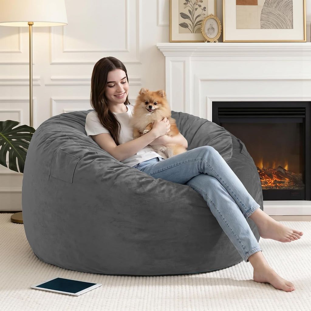 4FT Bean Bag Chair with Ultra Soft Velvet Cover Bean Bag Sofa with Memory Foam Bean Bag Chairs with Large Size Lazy Sofa for Dorm Office Living Room Bedroom Grey 4' | Bean Bags with Memory Foam Filled,Bean Bag Sofa with Handy Pocket&Handle for Classroom