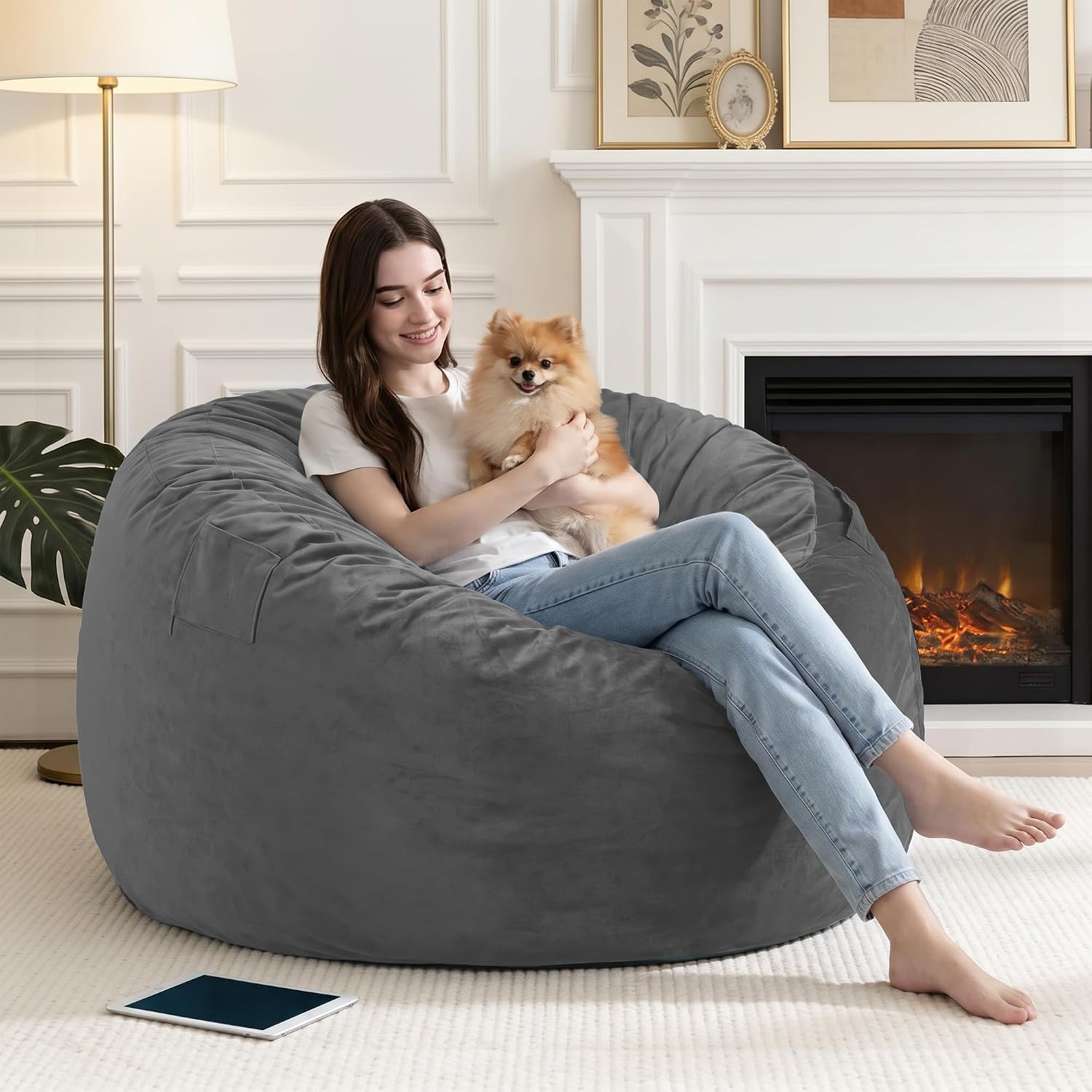 4FT Bean Bag Chair with Ultra Soft Velvet Cover Bean Bag Sofa with Memory Foam Bean Bag Chairs with Large Size Lazy Sofa for Dorm Office Living Room Bedroom Grey 4' | Bean Bags with Memory Foam Filled,Bean Bag Sofa with Handy Pocket&Handle for Classroom