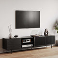 POVISON Mid Century Modern TV Stand, 94.49" Black Solid Wood Media Console for 75 inch TV, Full Assembled Entertainment Center with Storage for Living Room, Tall Cabinet with Metal Legs