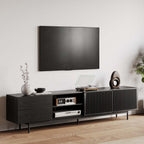 POVISON Mid Century Modern TV Stand, 94.49" Black Solid Wood Media Console for 75 inch TV, Full Assembled Entertainment Center with Storage for Living Room, Tall Cabinet with Metal Legs