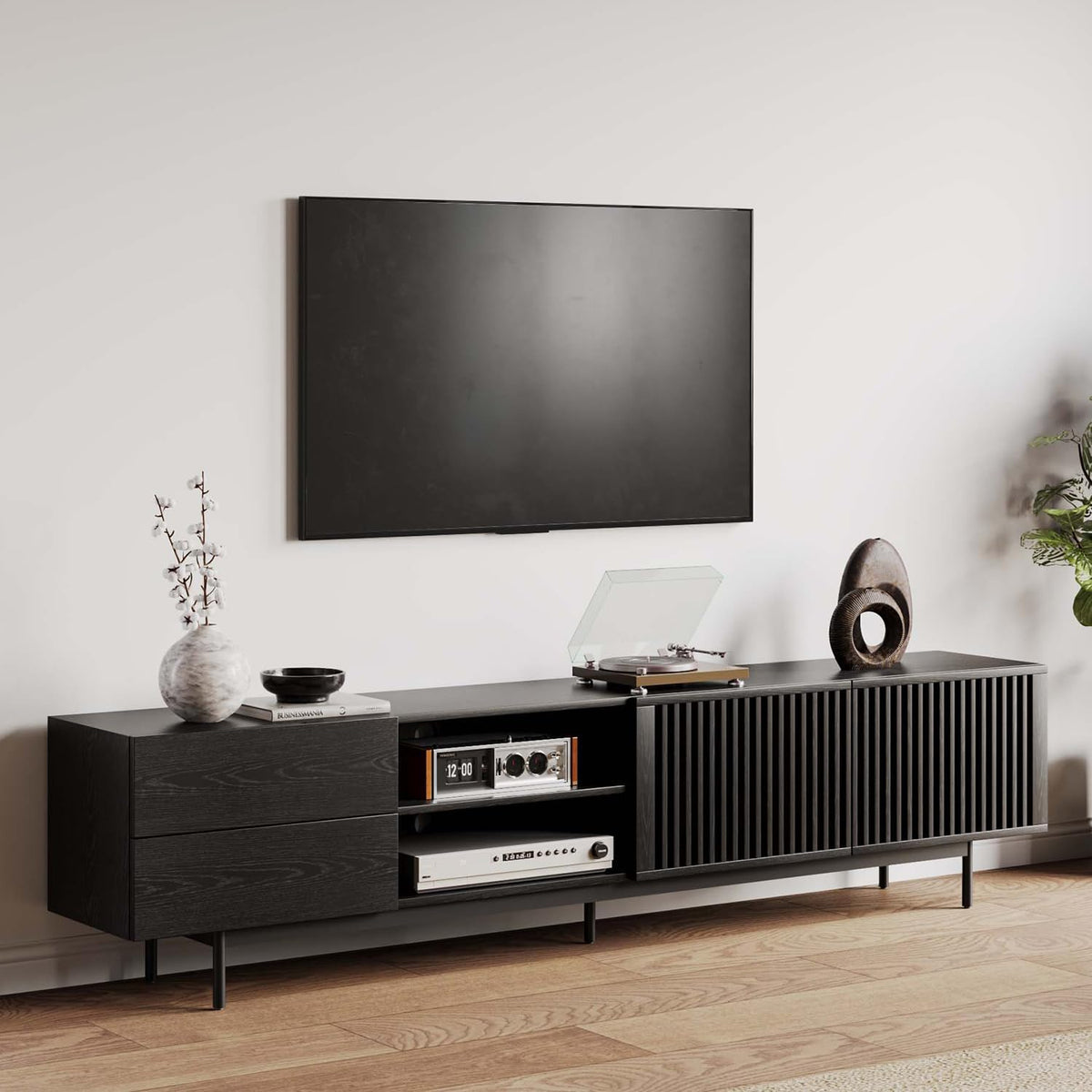POVISON Mid Century Modern TV Stand, 94.49" Black Solid Wood Media Console for 75 inch TV, Full Assembled Entertainment Center with Storage for Living Room, Tall Cabinet with Metal Legs