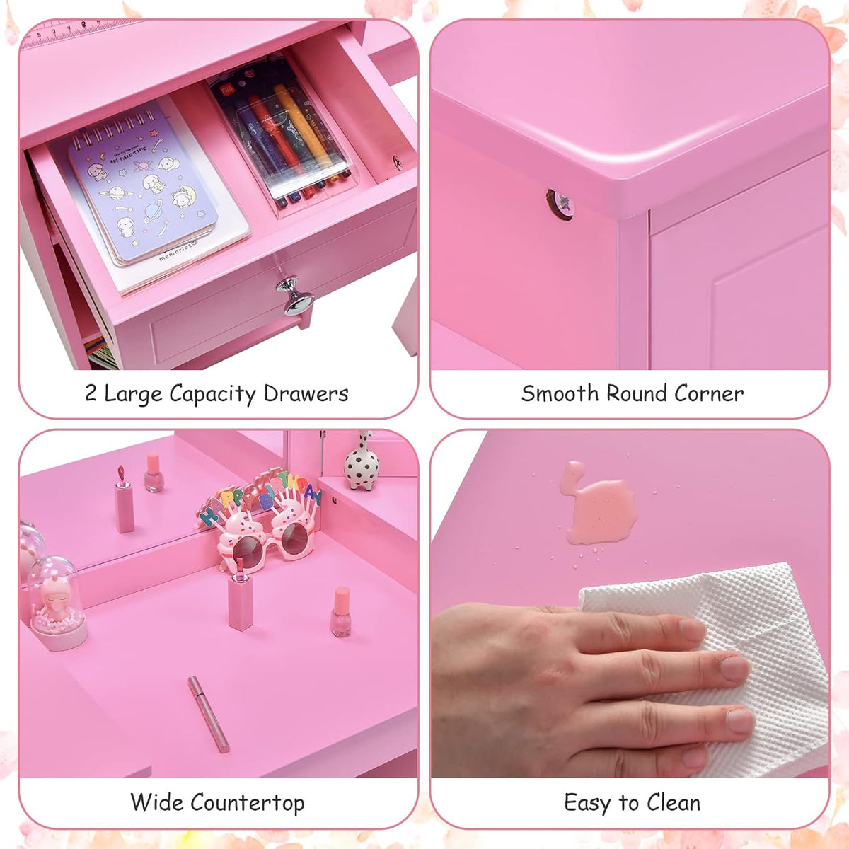 INFANS Kids Vanity, 2 in 1 Princess Makeup Desk and Chair Set with Drawers Tri-Folding Detachable Mirror Large Storage Shelves, Wooden Dressing Table, Pretend Play Vanity Set for Toddler Girls