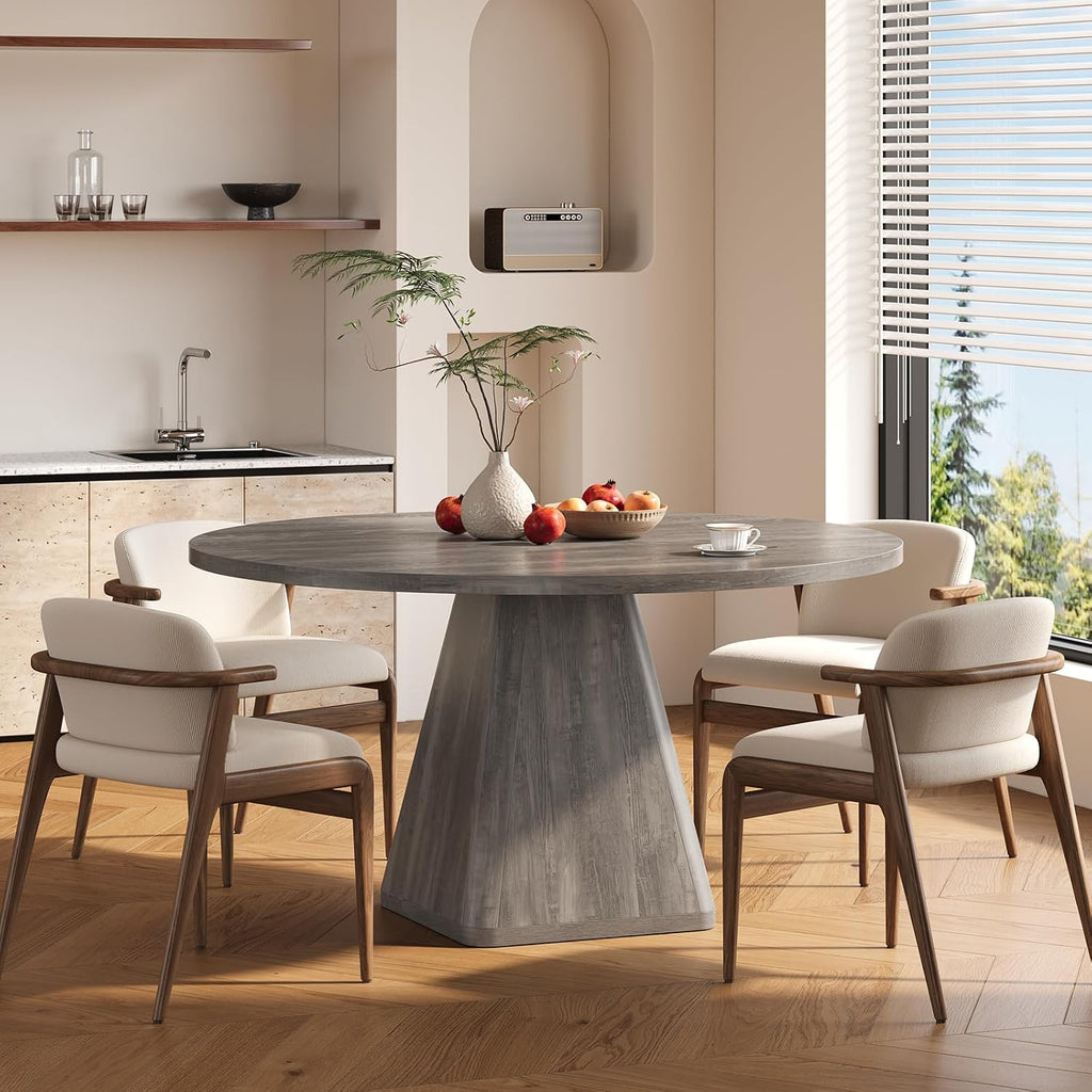 ONBRILL 47 Inch Round Dining Table for 4-6,Square Pedestal Base,Grey | Circle Kitchen Table with Thickened Tabletop, Modern Dining Room Tables, Dinner Tables for Kitchen Small Space (Table Only)