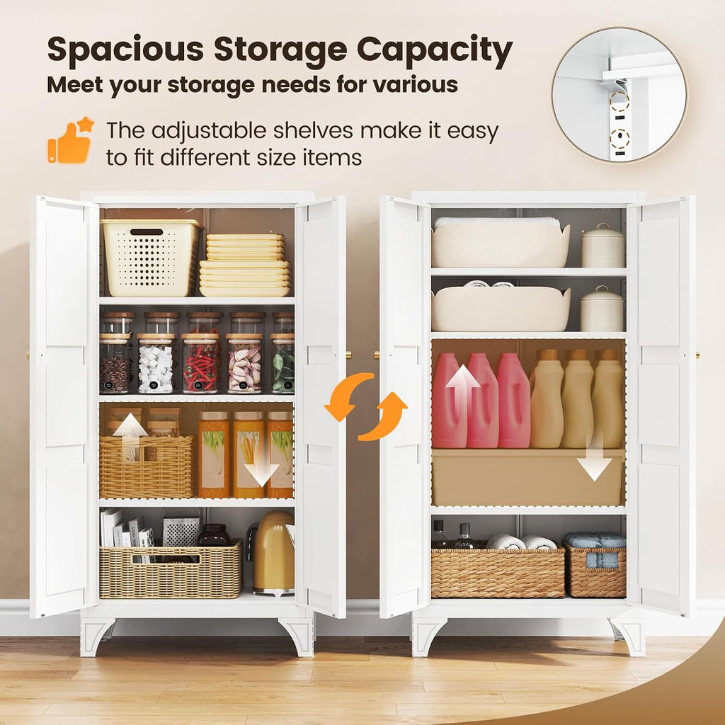Yizosh Metal Storage Cabinet with Doors and 3 Adjustable Shelves - 47" White Kitchen Pantry Storage Cabinet Locker for Kitchen,Living Room,Dining Room