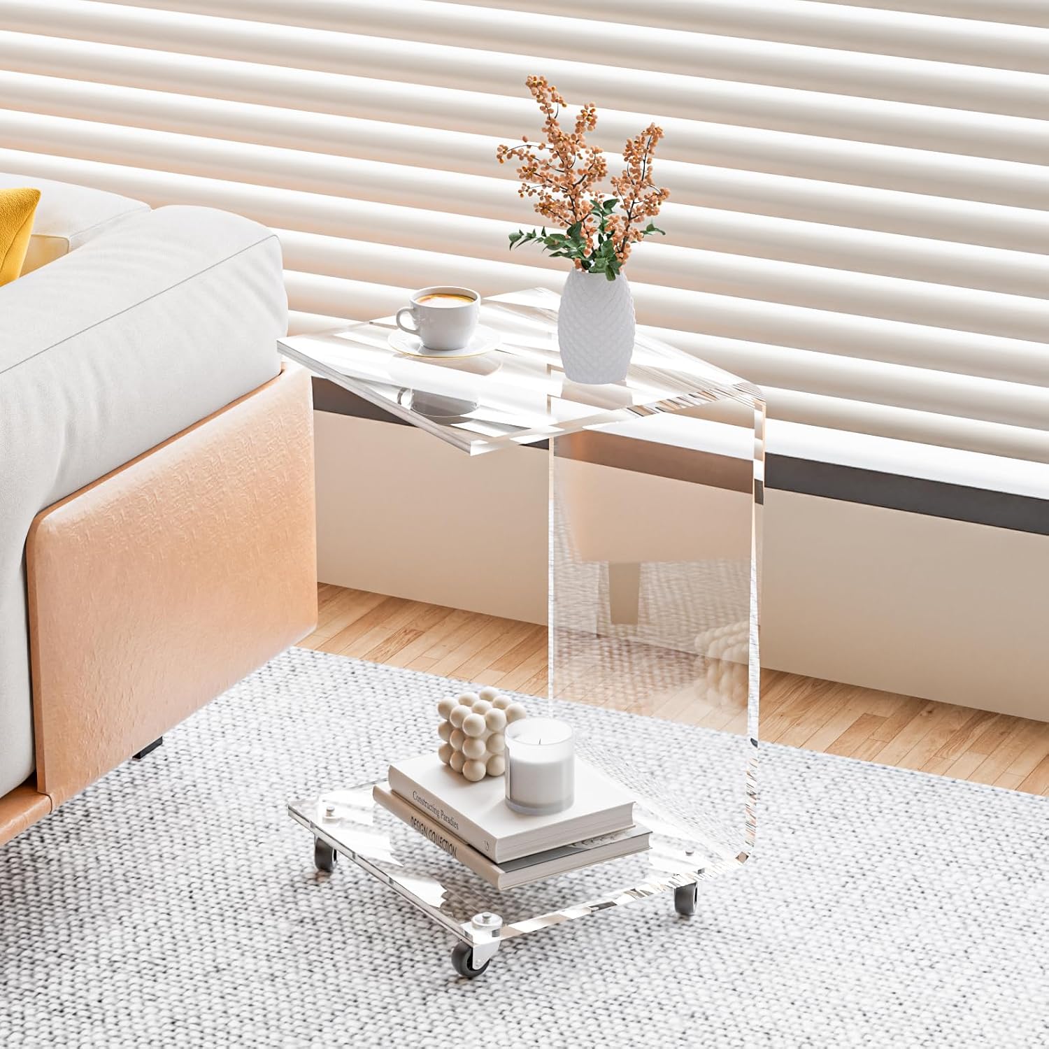 Mobile Clear Acrylic C Table with Wheels, 13.8" L x 13" W x 22" H x 0.6" Thick C Shaped End Coffee Table, Modern Acrylic Sofa Side Table for Living Room, Bedroom, Office, Bedside