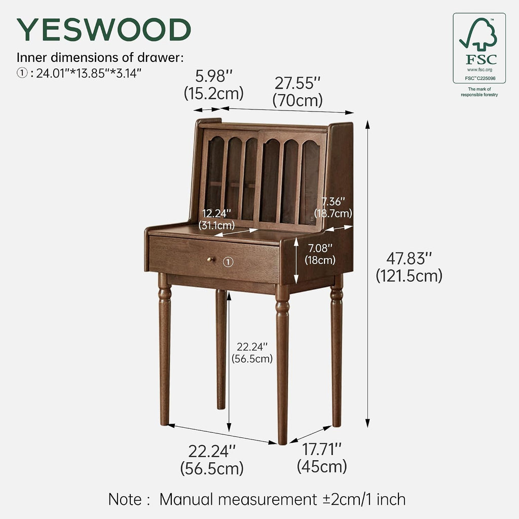 YESWOOD Vintage Vanity Desk, Solid Rubber Wood Dressing Table, Vintage Dressing Table Vanity Desk for Bedroom, Walnut, 23" D x 18" W x 48" H