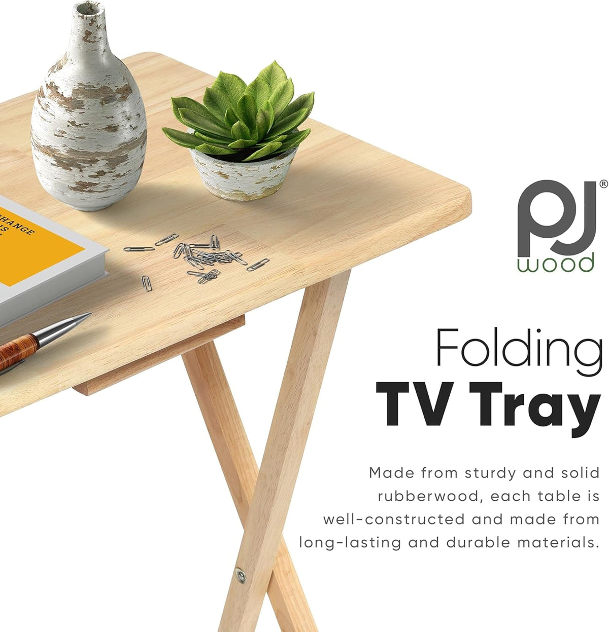 PJ Wood Folding TV Tray Tables, Natural Finish, 2-Piece Set | Solid Wood, 14.57x19.09x26 in, No Assembly Required, 12.7 kg Capacity, Rectangular Top, Indoor Use