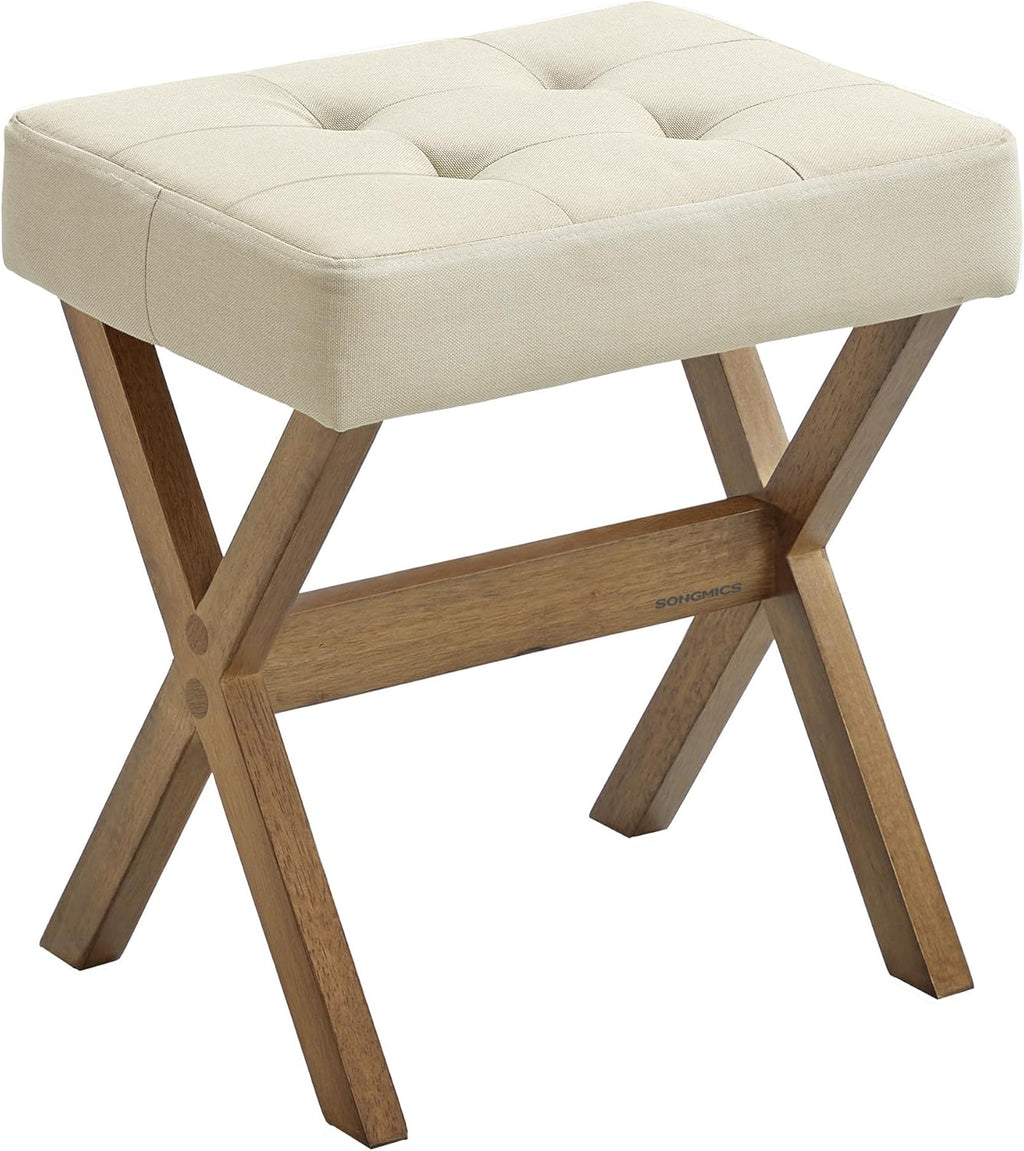 SONGMICS Makeup Stool, Padded Vanity Foot Rest, Solid Wood X Legs | 16.5 x 12.6 x 18.1 Inches, for Bedroom, Closet, Entryway, Summer Sand and Brown, MARY Collection ULSF006LF01
