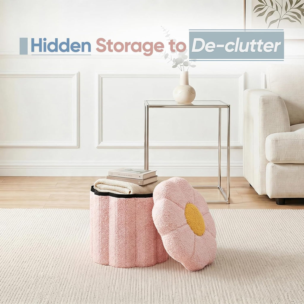 Flower Boucle Storage Ottoman, 12.6" Small Footstool with Padded Seat, Folding Sherpa Foot Rest for Sofa, Floral Accent Side Table for Living Room, Bedroom, Dorm, Pink