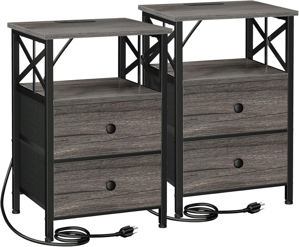 AMHANCIBLE Nightstands Set of 2, Large Night Stand with Charging Station | Bedside Table with 2 Fabric Drawers, End Side Tables Living Room, with Open Shelf, USB Ports Outlets, for Bedroom, Dark Grey