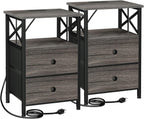 AMHANCIBLE Nightstands Set of 2, Large Night Stand with Charging Station | Bedside Table with 2 Fabric Drawers, End Side Tables Living Room, with Open Shelf, USB Ports Outlets, for Bedroom, Dark Grey