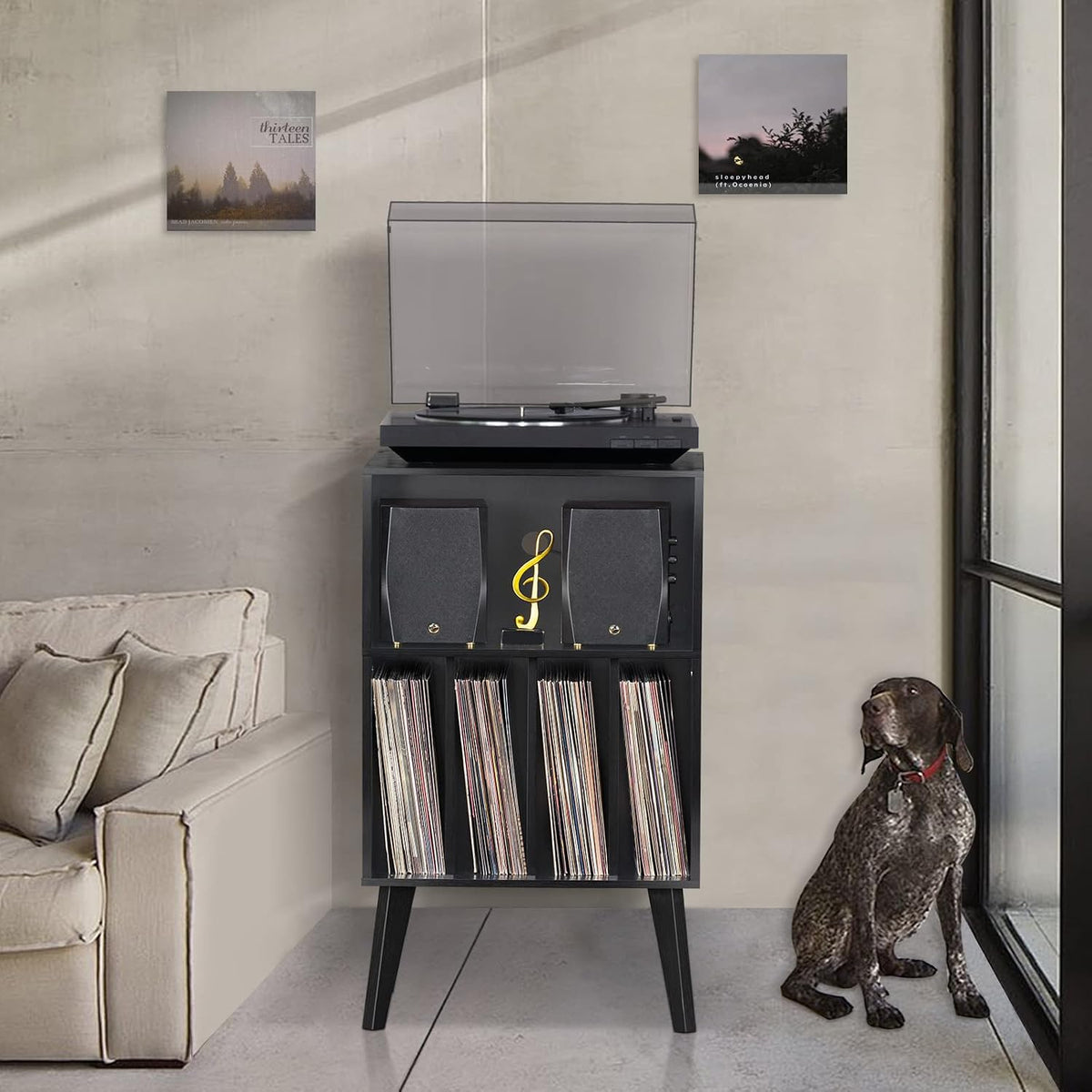 Lerliuo Record Player Stand, Black Turntable Stand Holds up to 160 Albums | Mid-Century Vinyl Storage Cabinet Table,Solid Wood Legs, Record Player Holder Dispaly Shelf for Bedroom Living Room