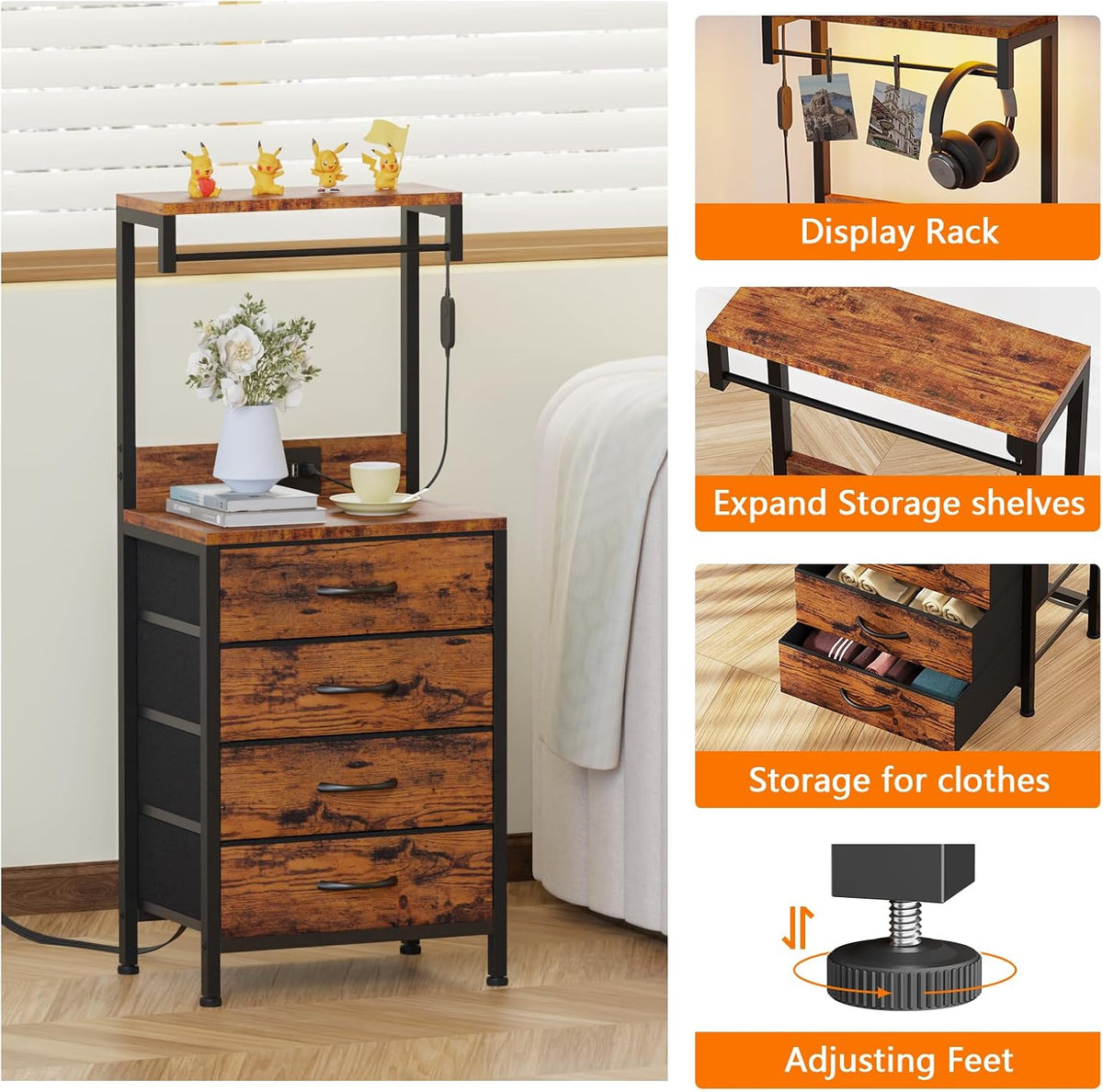 Furnulem Night Stand with Charger Station, 4 Fabric Drawers and LED Lights | 38'' Tall Bedside Table with Storage Shelf for Bedroom, Office, Metal Frame, Wood Shelves, Rustic Brown Nightstand