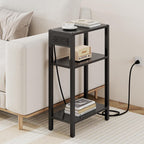 TUTOTAK Narrow Side Table, 3-Tier Small End Table with Charging Station | Skinny Sofa Table, Slim Nightstand, Easy Assembly for Living Room, Bedroom, Black TB01BK079