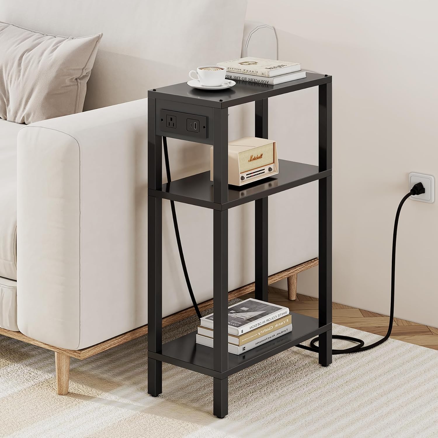 TUTOTAK Narrow Side Table, 3-Tier Small End Table with Charging Station | Skinny Sofa Table, Slim Nightstand, Easy Assembly for Living Room, Bedroom, Black TB01BK079