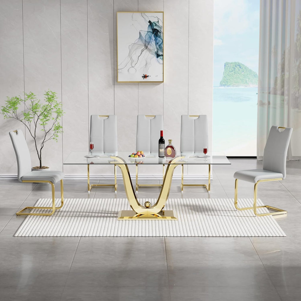 70" Glass Dining Table Set for 6, Modern Kitchen Table with 6 PU Leather Dining Chairs 7-Piece Dining Table and Chairs for 6 with Shiny Gold Metal Pedestal Base