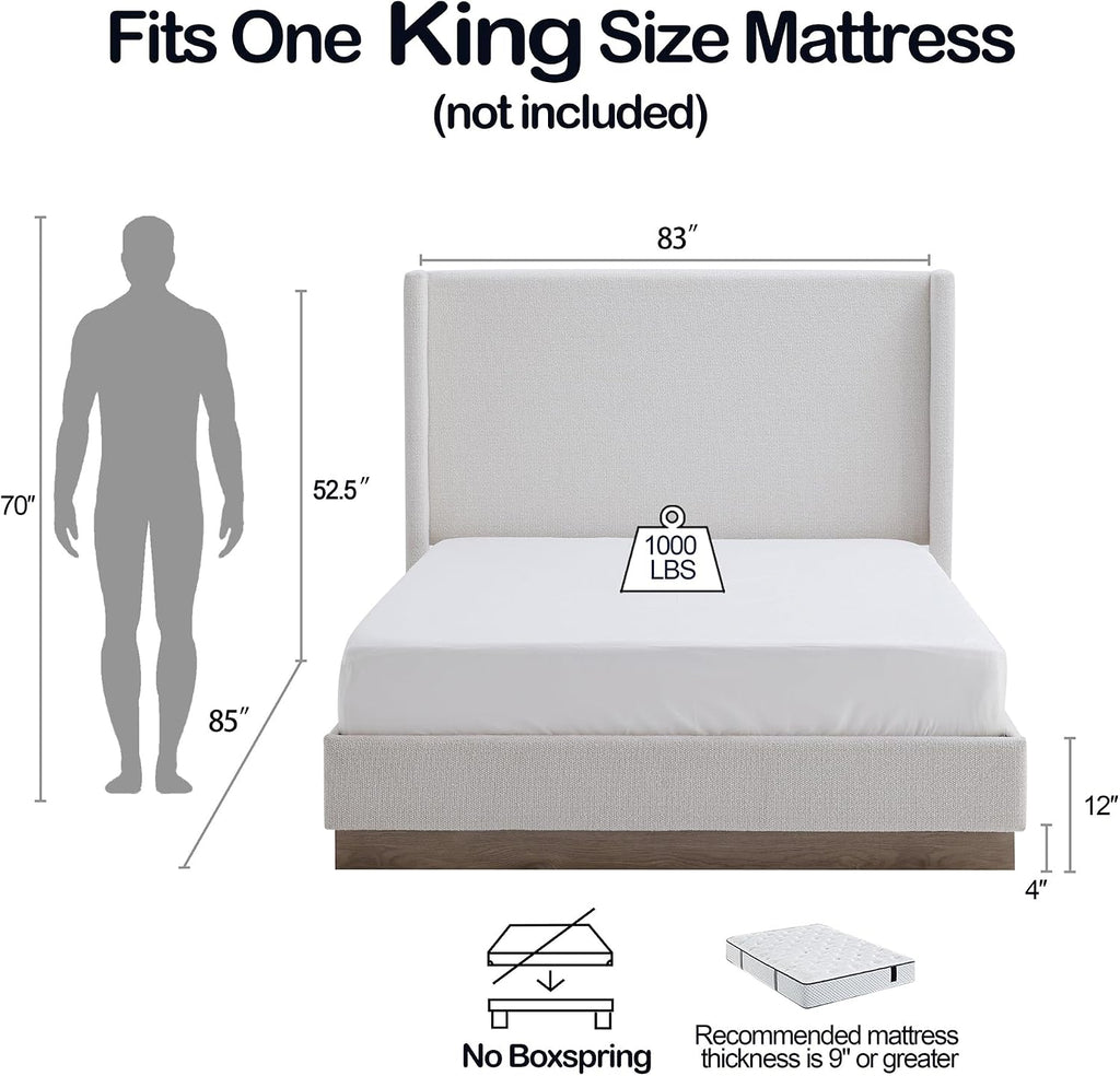 52.5" Extra-Tall Wingback Bed Frame - Luxury Oat Boucle Upholstered Platform Bed with Gray Oak Wood Base, Heavy Duty 1000lbs, No Box Spring Needed, Noise-Free Design (King)