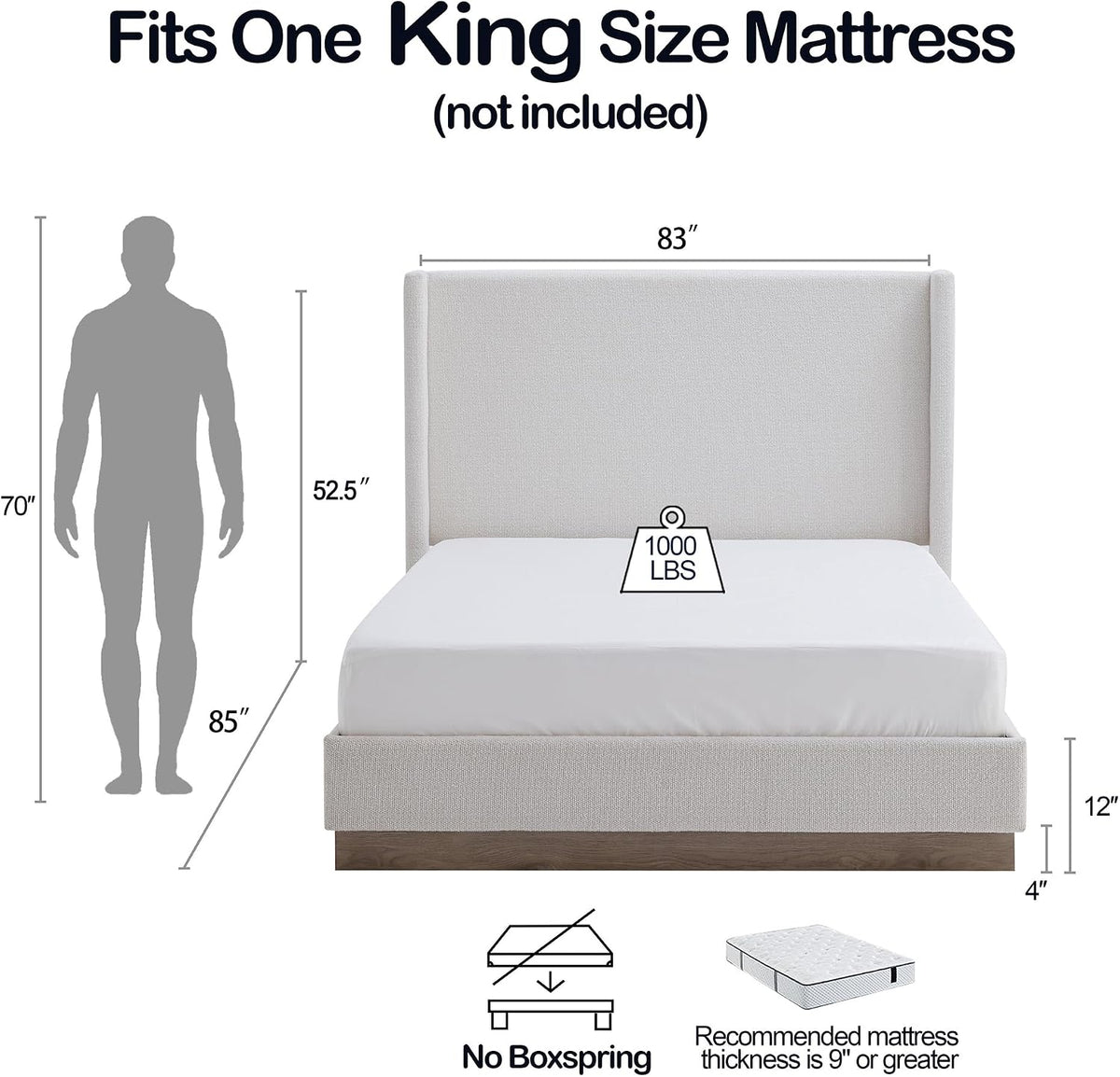 52.5" Extra-Tall Wingback Bed Frame - Luxury Oat Boucle Upholstered Platform Bed with Gray Oak Wood Base, Heavy Duty 1000lbs, No Box Spring Needed, Noise-Free Design (King)