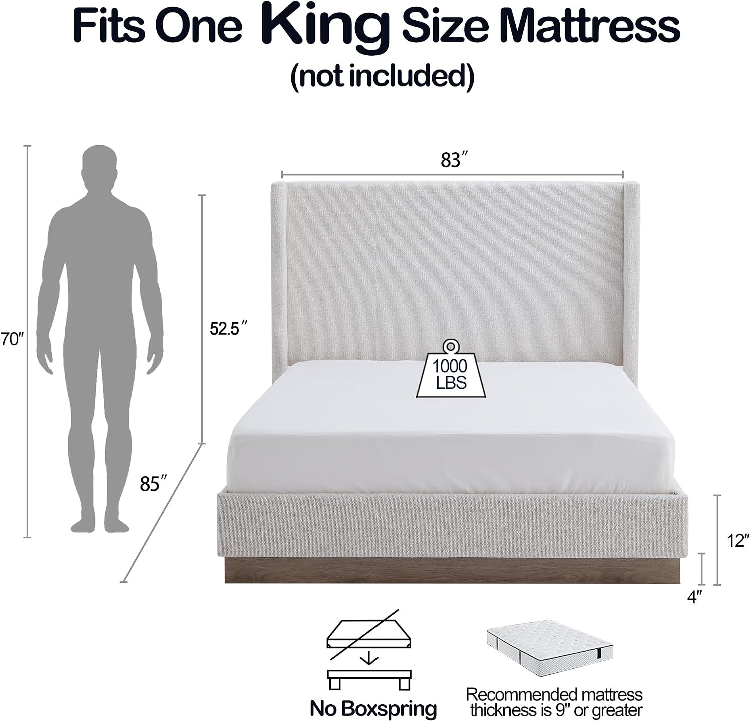 KEIKI King Size Upholstered Wingback Bed with 52.5" High Headboard,
