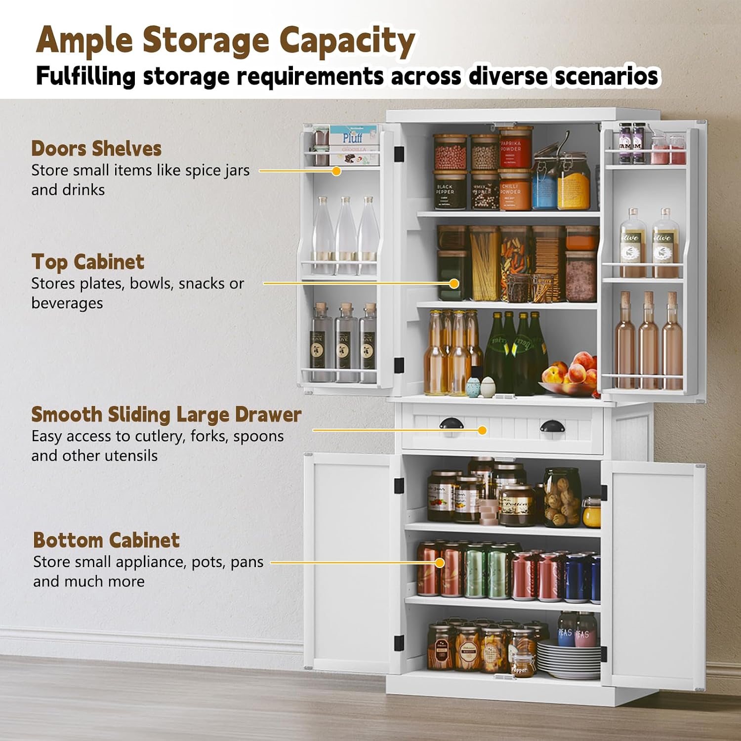 ARTPOWER 72" Pantry Storage Cabinet with Door Shelves | Tall Wooden Kitchen Cupboard with Drawer, Food Pantry Cabinet with Shelves for Dining Room,Living Room, White