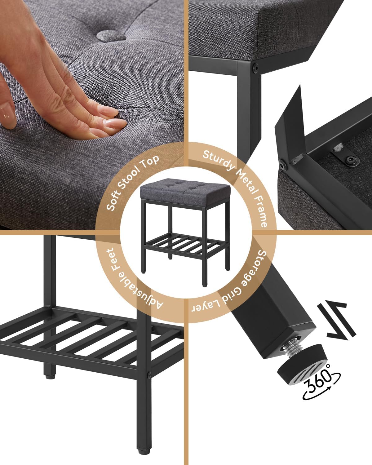 IBUYKE Rectangular Makeup Stool, Linen Seat Vanity Chair, Dark Gray WBD017G | Adjustable Feet Storage Space Footrest Multi-Use Small Side Table Ottoman Bedroom