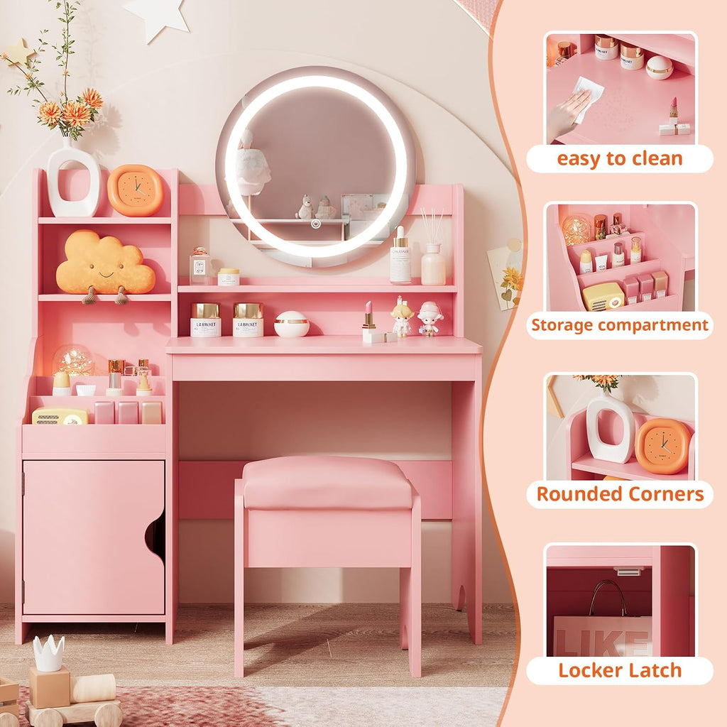 Vabches Kids Vanity with Lights, Toddler Vanity Table and Chair Set | Princess Makeup Vanity Desk with Open Bookshelf, Storage Cabinet & Shelves, Pretend Play Vanity Set for Little Girls, Pink