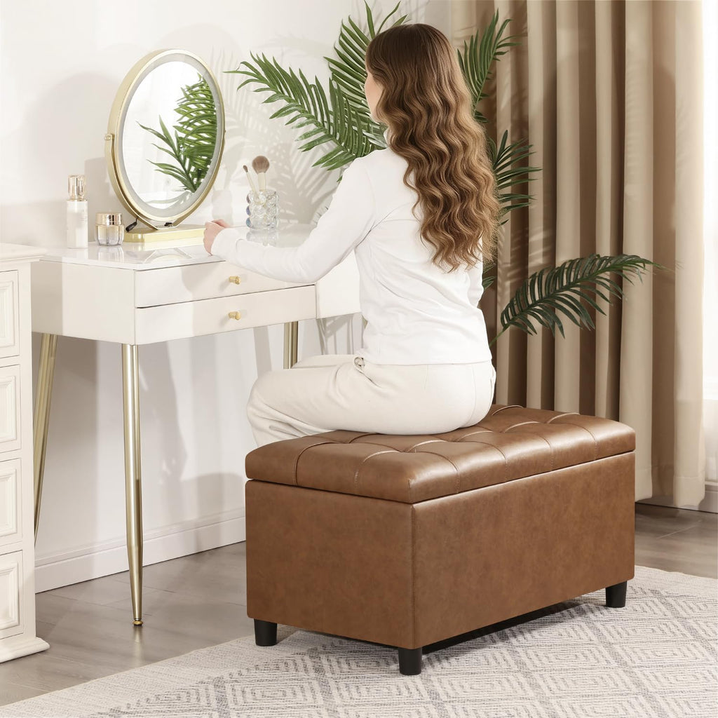 Joveco Storage Ottoman Bench, 32 Inches Faux Leather Rectangle Tufted Foot Stool for End Foot of Bed, Bedroom, Living Room,Warm Golden Brown
