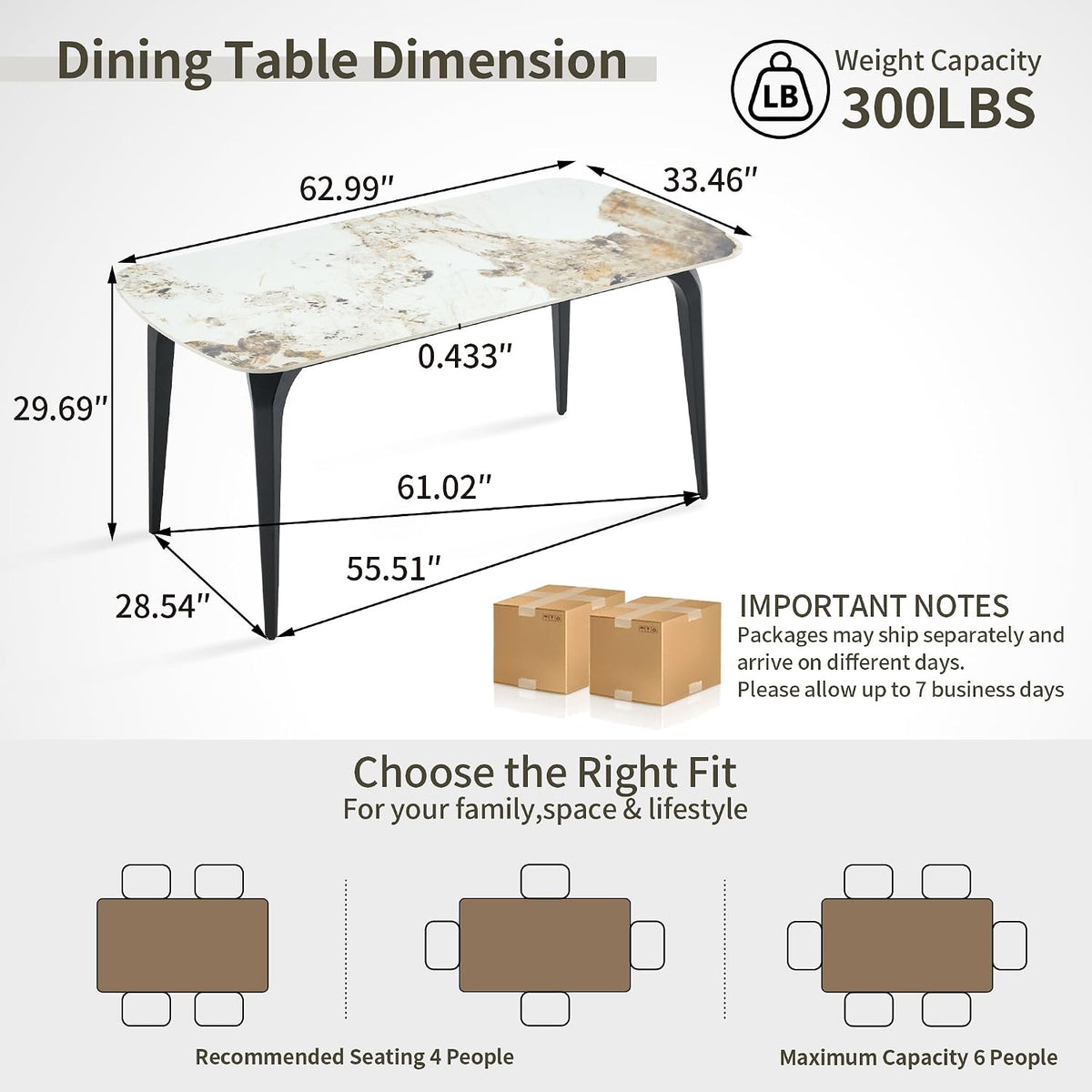 Modern Rectangular Dining Table,63”Sintered Stone Dining Table for 4-6, Stone Top with Carbon Steel Frame for Small Space,Kitchen Office,Apartment,Cafe（Marble）