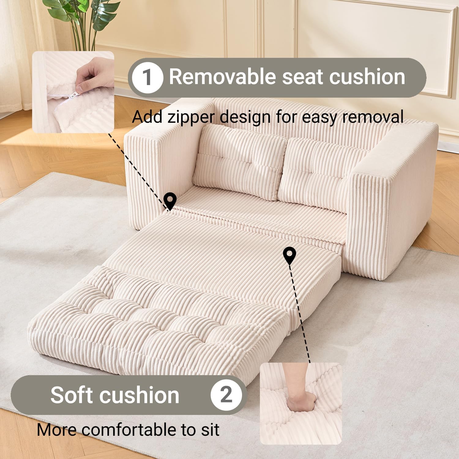 Fefances 55.1” Sofa Bed, 2-in-1 Convertible Loveseat & Folding Futon Couch, Small Space-Saving Design with Corduroy Fabric, for Living Room, Bedroom, Studio Apartment - Beige
