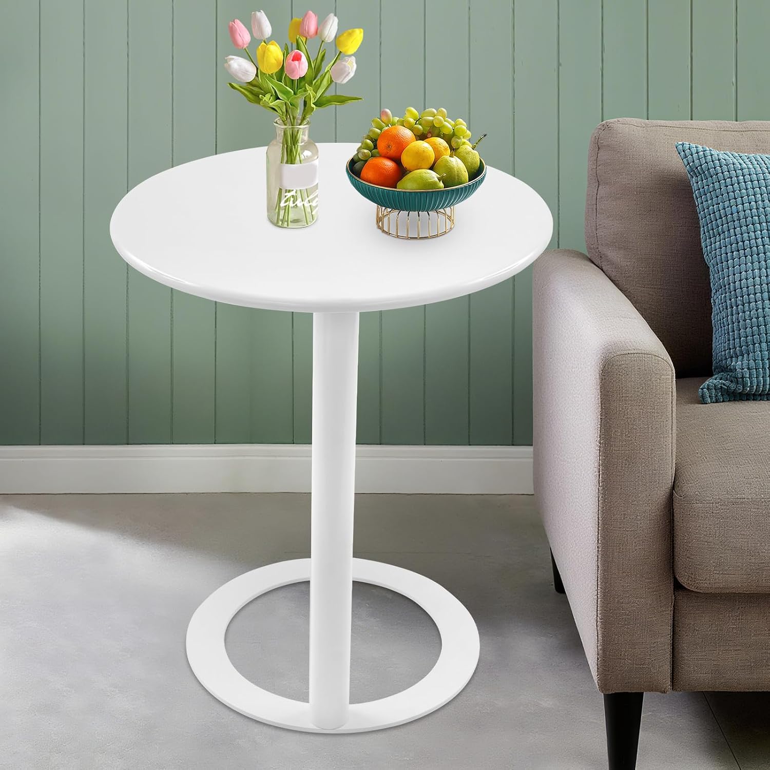 C-Shaped Round End Table for Couch, Mental Side Table Sofa Tables Slide Under Couch for with O-Shaped Base for Small Space, White
