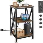 Square End Table with Charging Station, 3-Tier End Table Living Room, 16" D X 16" W X 28" H, Wood and Metal Table with USB Ports and Outlets, Side Table with Wheels for Living Room, Bedroom, Kitchen