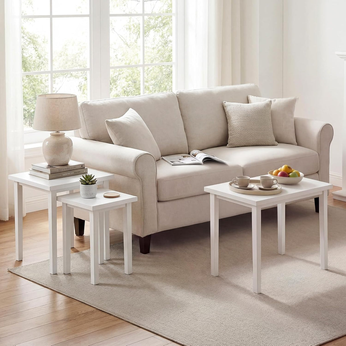 Giantex Nesting Tables Set of 3, Farmhouse Stacking Side Table with Rubber Legs, Wooden Rectangle Accent End Table, Nesting Coffee Tables for Living Room Bedroom (White)