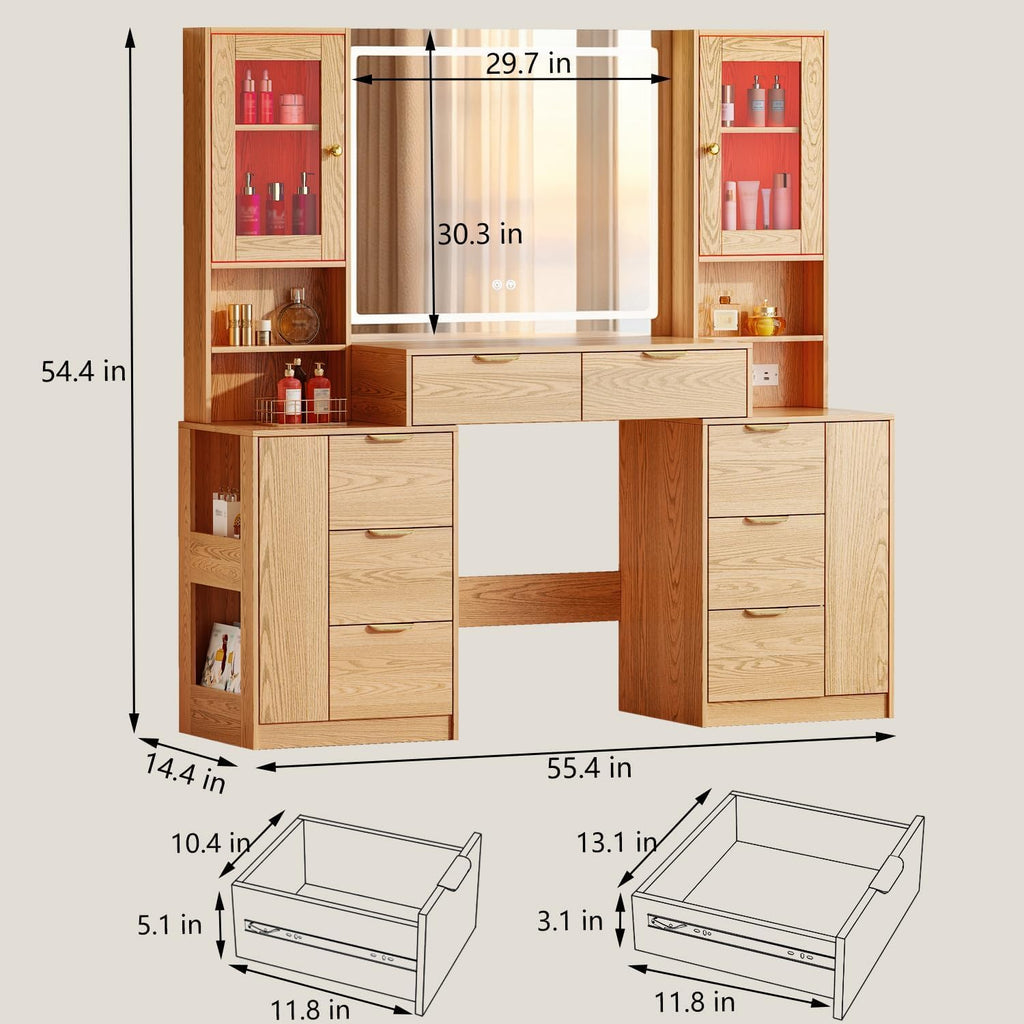 Chrangmay 55.4" Big Modern Vanity Desk with Mirror and Lights,Makeup Vanity Desk with 8 Drawers and Storage Shelves & Power Outlet,RBP Glass Cabinets, Oak