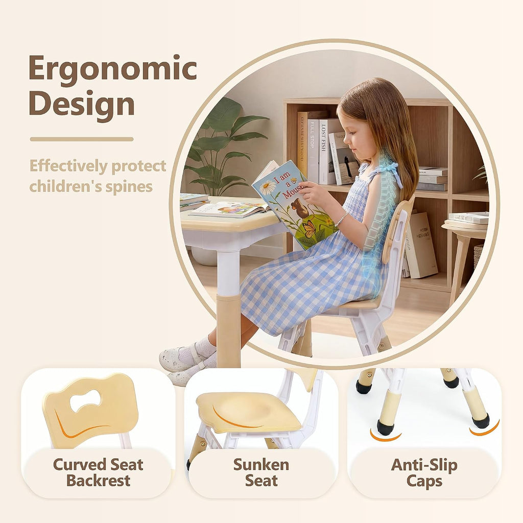 Kinder King Kids Table & 4 Chairs Set, Adjustable Heights, Khaki | Graffiti Tabletop, Children Activity Table, Studying, Drawing, Toddler Furniture Set for Playroom, Daycare, Home, Age 3+