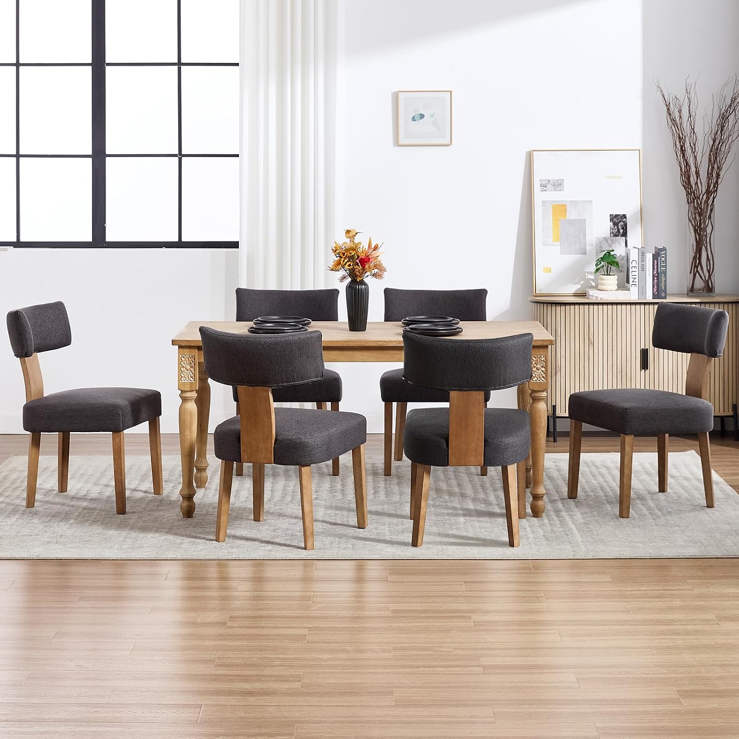 Upholstered Dining Chairs Set of 6, Mid-Century Modern Dining Chairs with Wood Legs, Linen Fabric Farmhouse Kitchen Chairs Armless, Comfy Side Chairs for Living Room/Kitchen, Grey