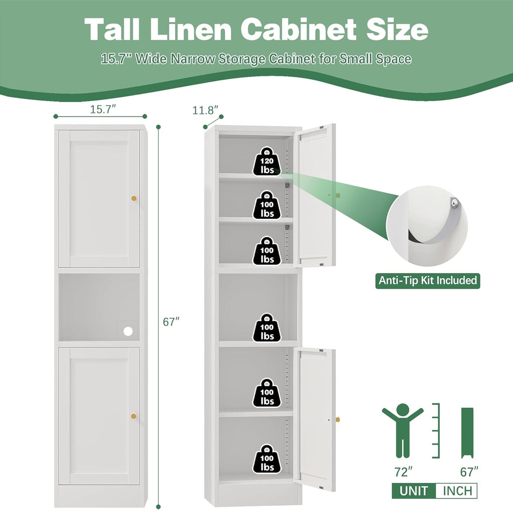 Bevivog Slim Kitchen Pantry Cabinet for Small Space, 67" Tall Narrow Storage Cabinets with Hutch and 3 Adjustable Shelves, Freestanding Tall Slim Bathroom Storage Cabinet