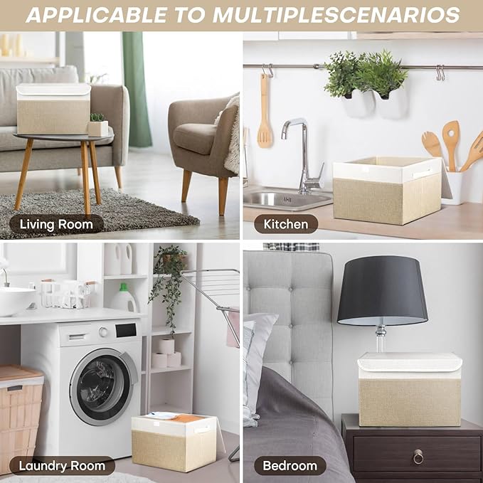 Large 22 Quart Linen Fabric Foldable Storage Bin Cube Organizer Basket with Flip-Top Lid & Handles, Clothes Blanket Box for Home, Office, Closet, Beige & White, 4 Pack 14.6 x 9.5 x 9.5”