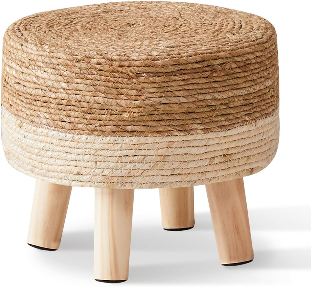 Cpintltr Foot Stool Natural Seagrass Hand Weave Poufs Round Ottoman for Couch Desk Soft Step Stool Padded Foot Rest with Non-Skid Pine Legs for Hallway Office Lounge Natural/White