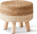 Cpintltr Foot Stool Natural Seagrass Hand Weave Poufs Round Ottoman for Couch Desk Soft Step Stool Padded Foot Rest with Non-Skid Pine Legs for Hallway Office Lounge Natural/White
