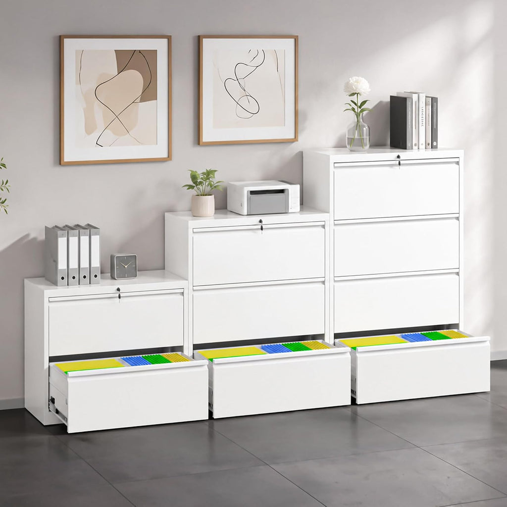 3 Drawer Metal Lateral File Cabinet with Lock,White Filing Cabinet | Heavy Duty Large Steel Storage Cabinets Home Office Wide Cabinets for Legal/Letter Size File,Assembly Required