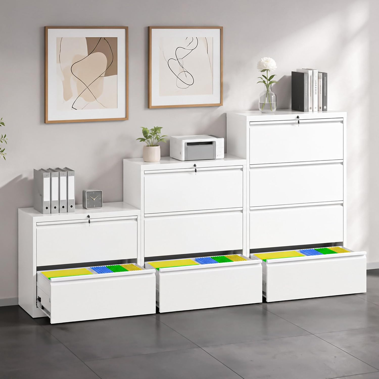 3 Drawer Metal Lateral File Cabinet with Lock,White Filing Cabinet | Heavy Duty Large Steel Storage Cabinets Home Office Wide Cabinets for Legal/Letter Size File,Assembly Required