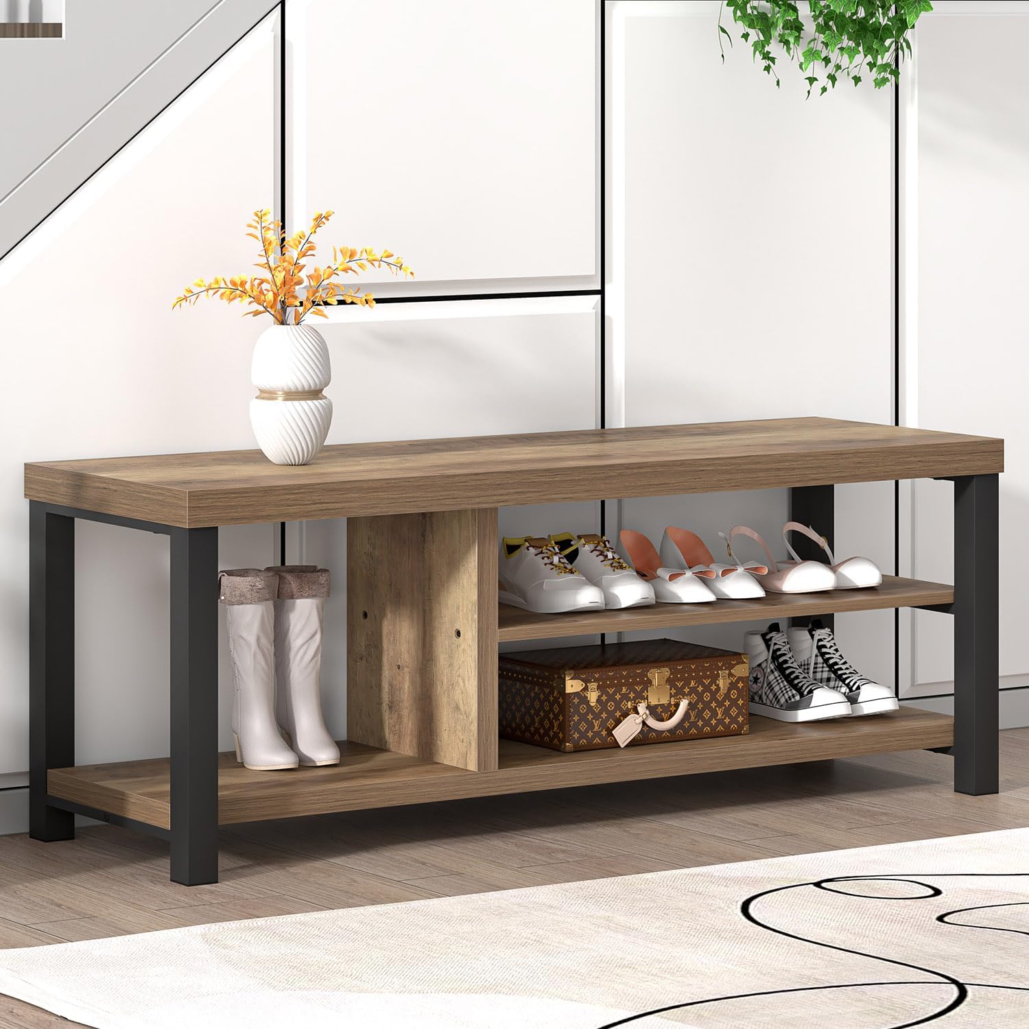 FOLUBAN Shoe Bench for Entryway, Wood and Metal Indoor Bench with Shoe Storage and Seating for Bedroom, Hallway, Living Room, Rustic Oak, 43.3 Inch