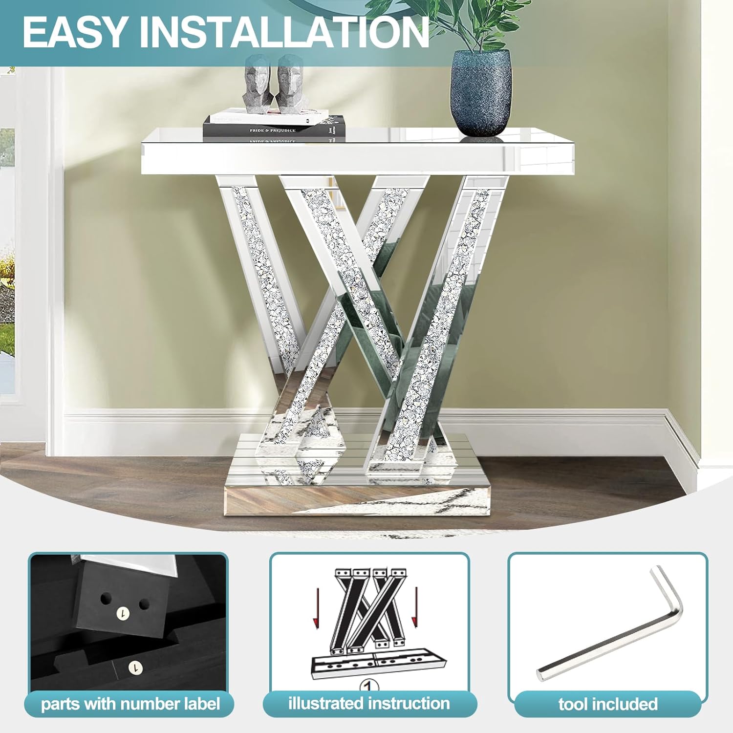 Modern Entryway Console Table with Crushed Diamond Inlay, 35.43" Silver Mirrored Glass Hallway Table for Entryway, Glam Decorative Sofa Tables for Living Room