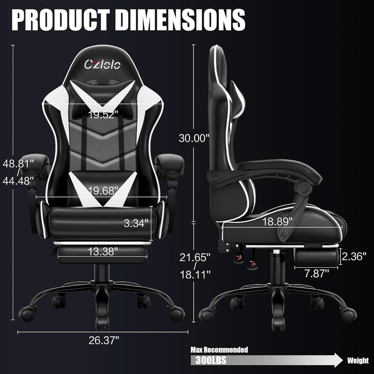 Czlolo Gaming Chair with Footrest Racing Style Lumbar Support Massager Video Game Chair with Metal Legs, High Back Reclining Gamer Chair with Headrest, 360° Swivel Office Computer Desk Chair (White)