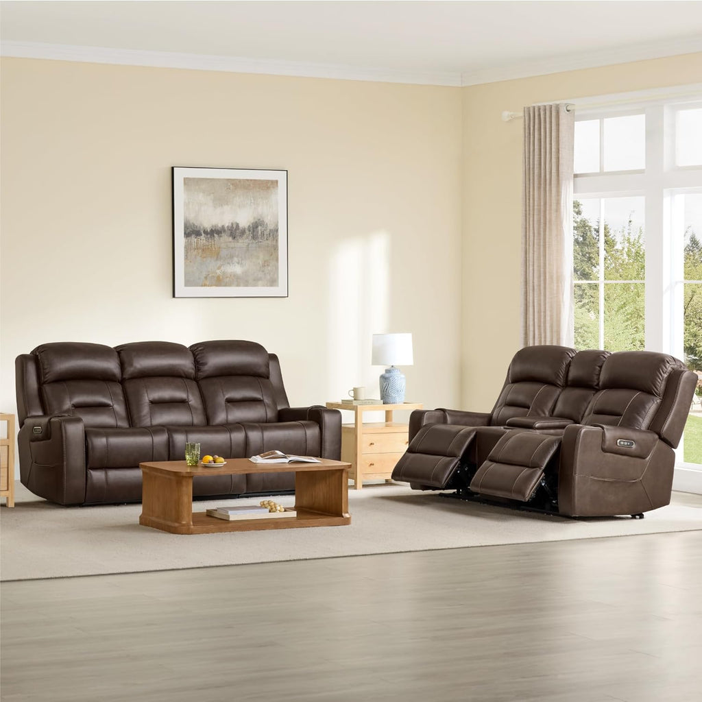 Watson & Whitely Genuine Leather Lay Flat Power Reclining Sofa, Brown | 3-Seater Recliner Couch, Power Headrests, Cup Holders, USB & Type-C Charging Ports, Electric Reclining, Living Room