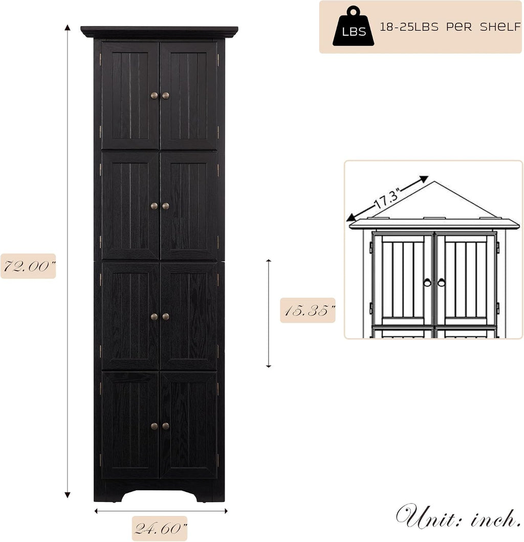 Corner Storage Cabinet 72" H Wooden Kitchen Pantry with 8 Doors, Freestanding Bookshelf Cabinet with Adjustable Shelves for Living Room (Black & Style 2)