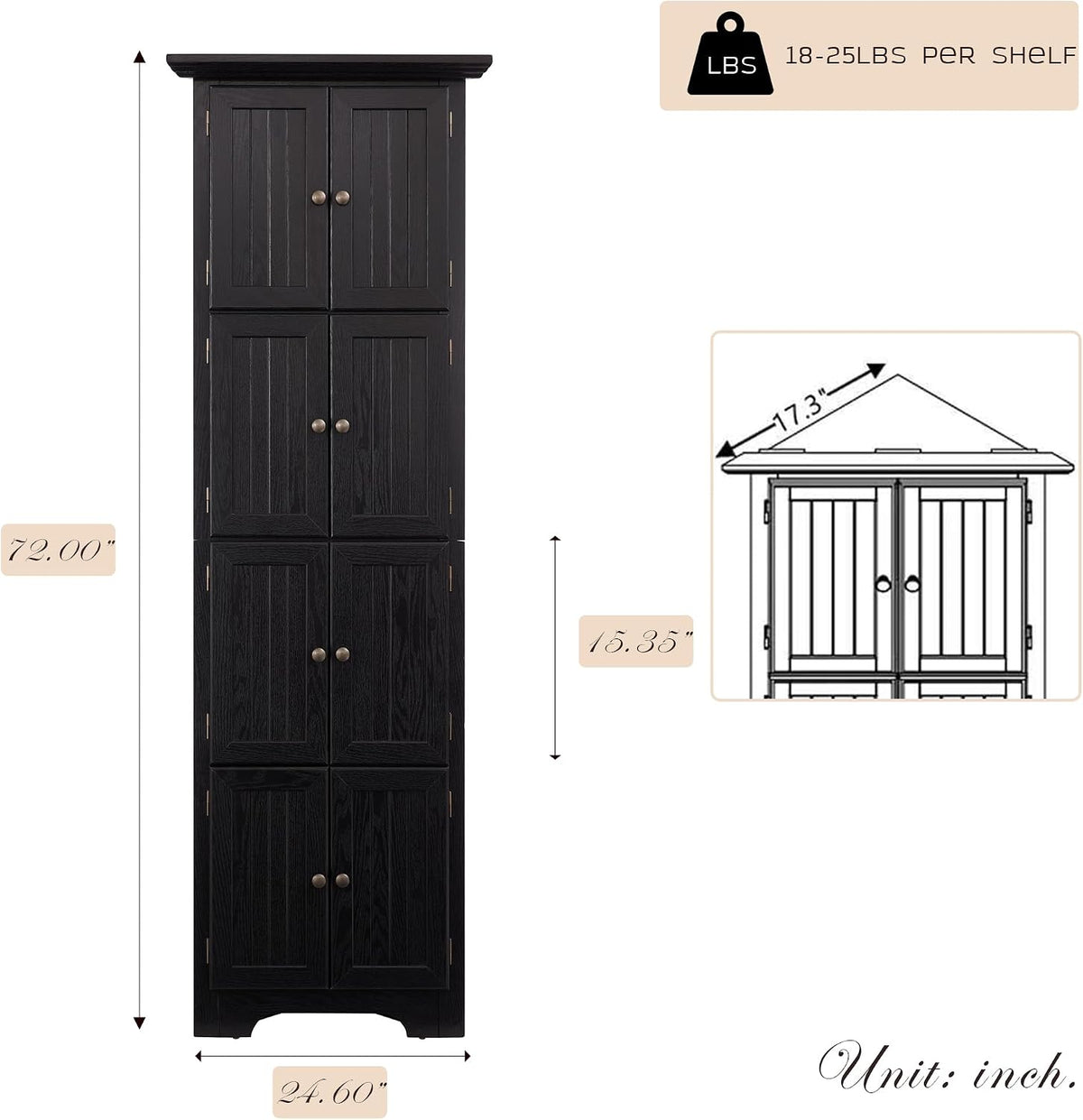 Corner Storage Cabinet 72" H Wooden Kitchen Pantry with 8 Doors, Freestanding Bookshelf Cabinet with Adjustable Shelves for Living Room (Black & Style 2)